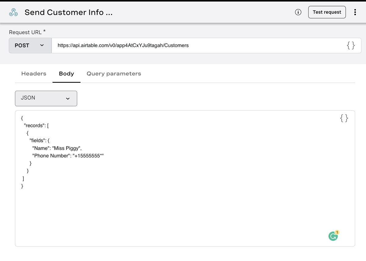 Example of sending Miss Piggy customer to Airtable