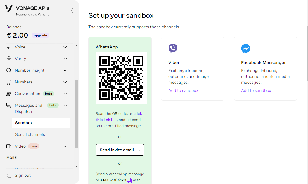 An example of the sandbox dashboard page with WhatsApp enabled