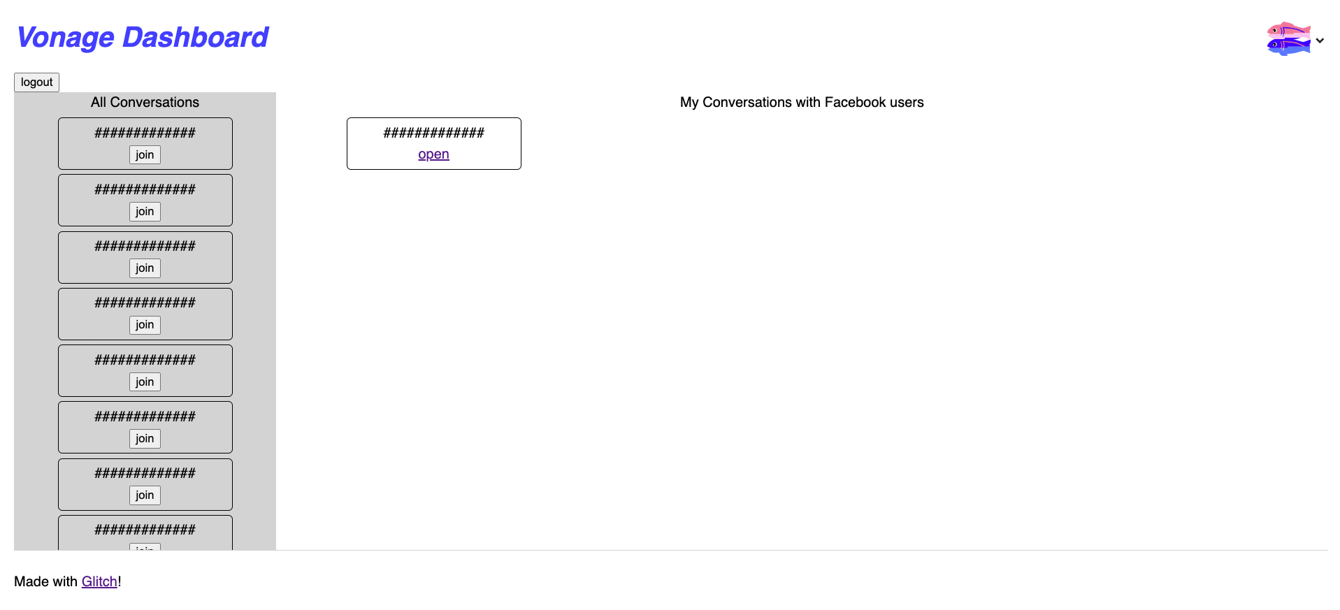 The agent's dashboard with all conversations in a column. Join buttons are on the left in a gray box. The rest of the page is space for conversations the agent is already a part of with an open link for each.
