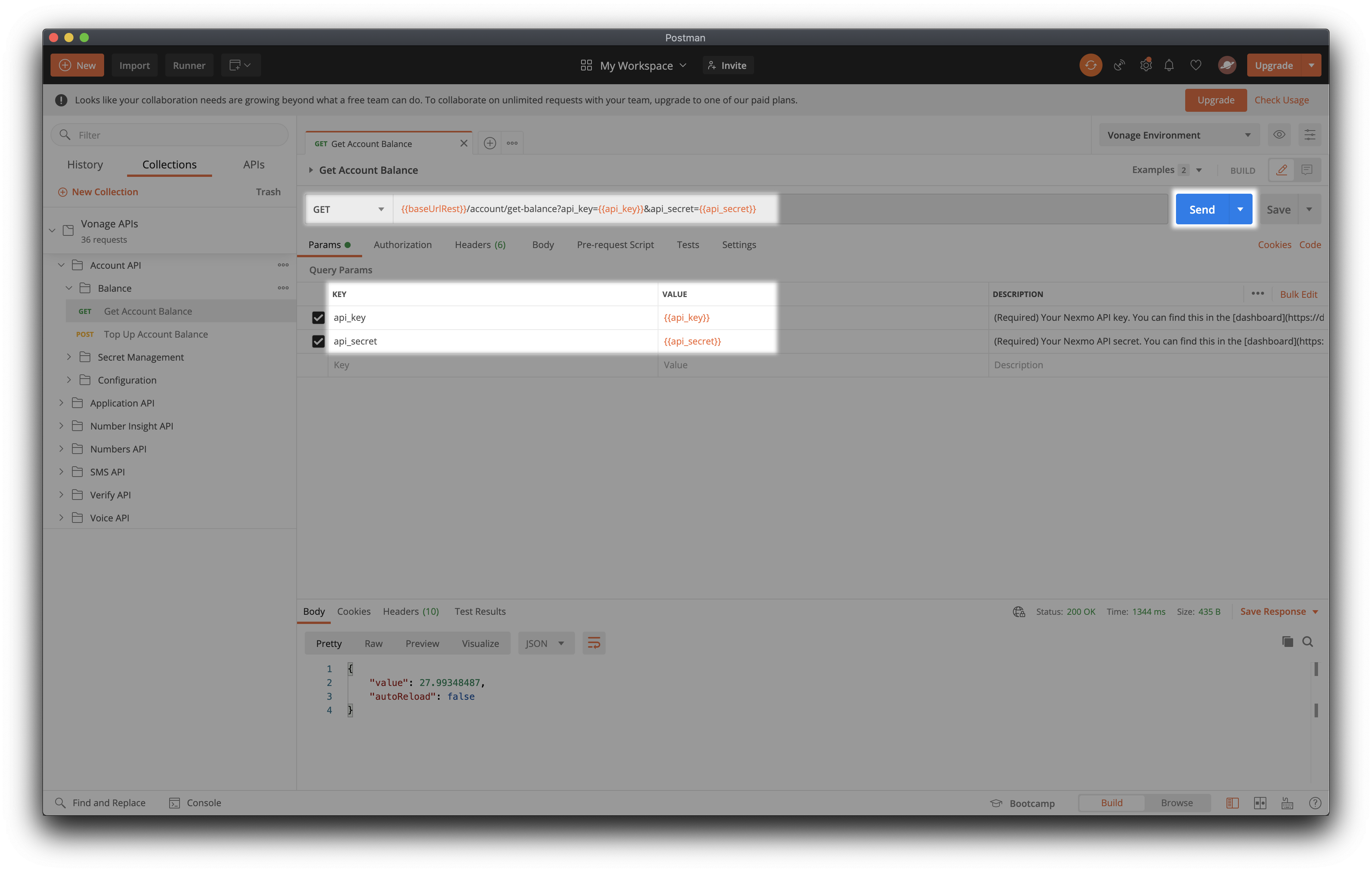 Image of Get Account Balance request with the Vonage Account API