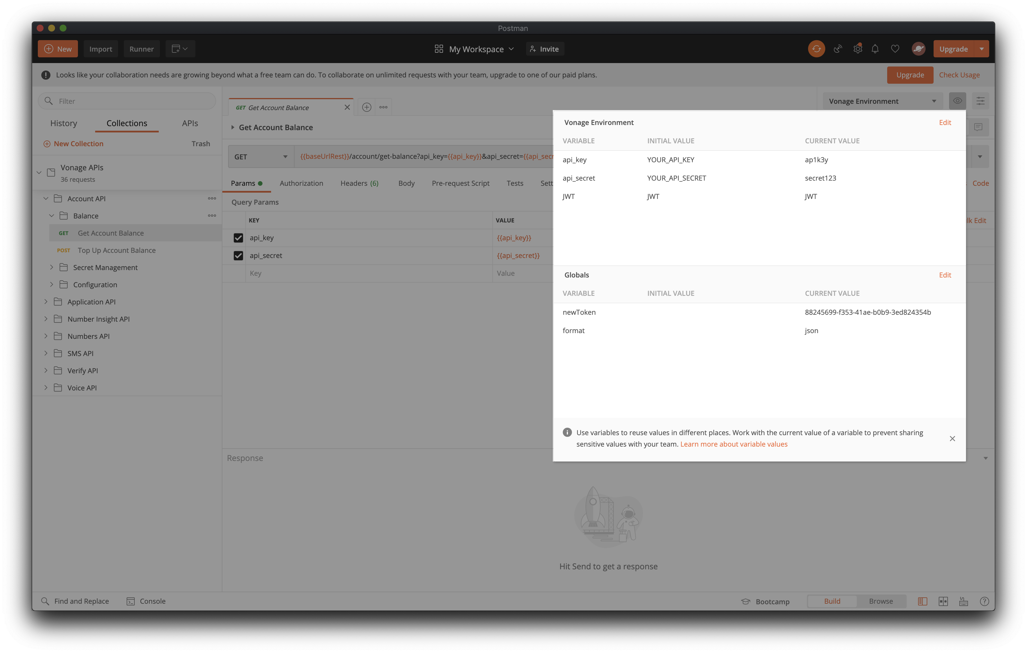 Image of Vonage Environment in Postman