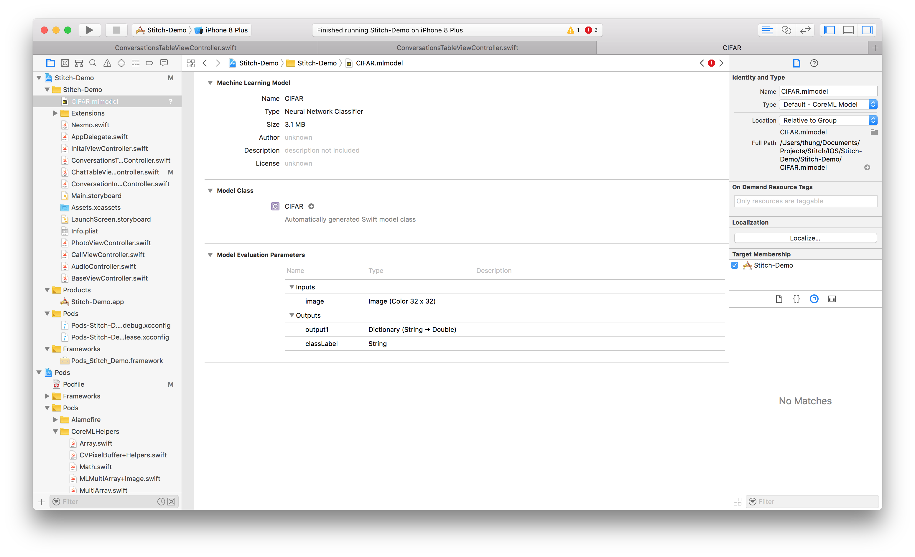 showing the model dragged into xcode