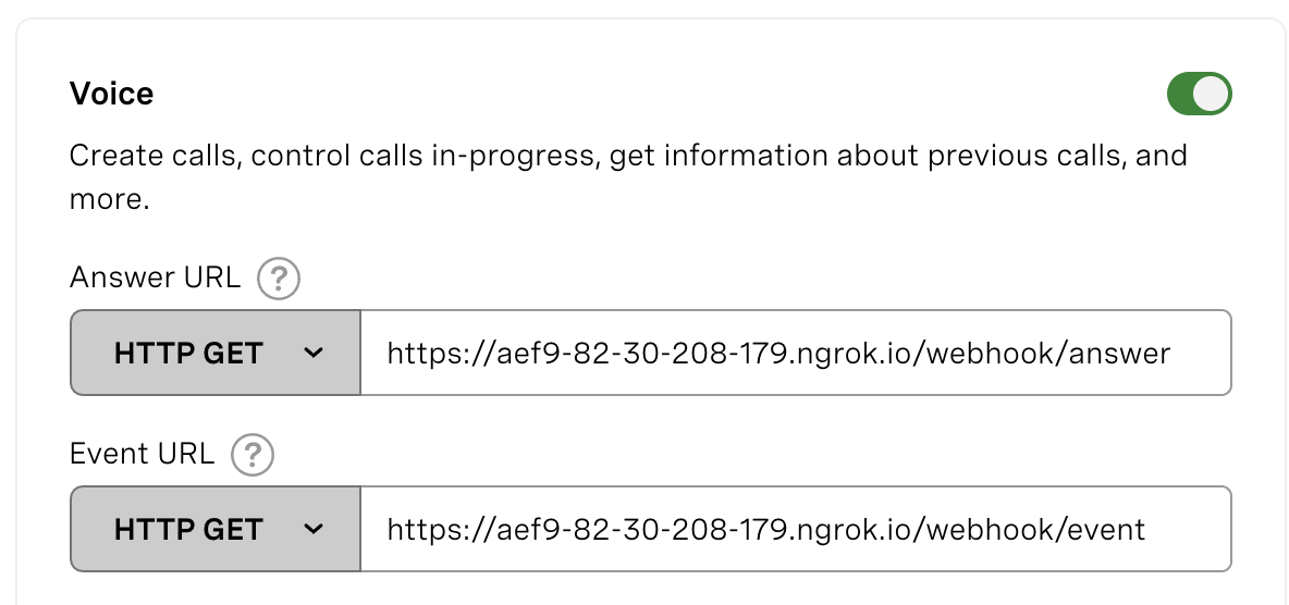 Screenshot of the web voicehooks section in the Vonage dashboard