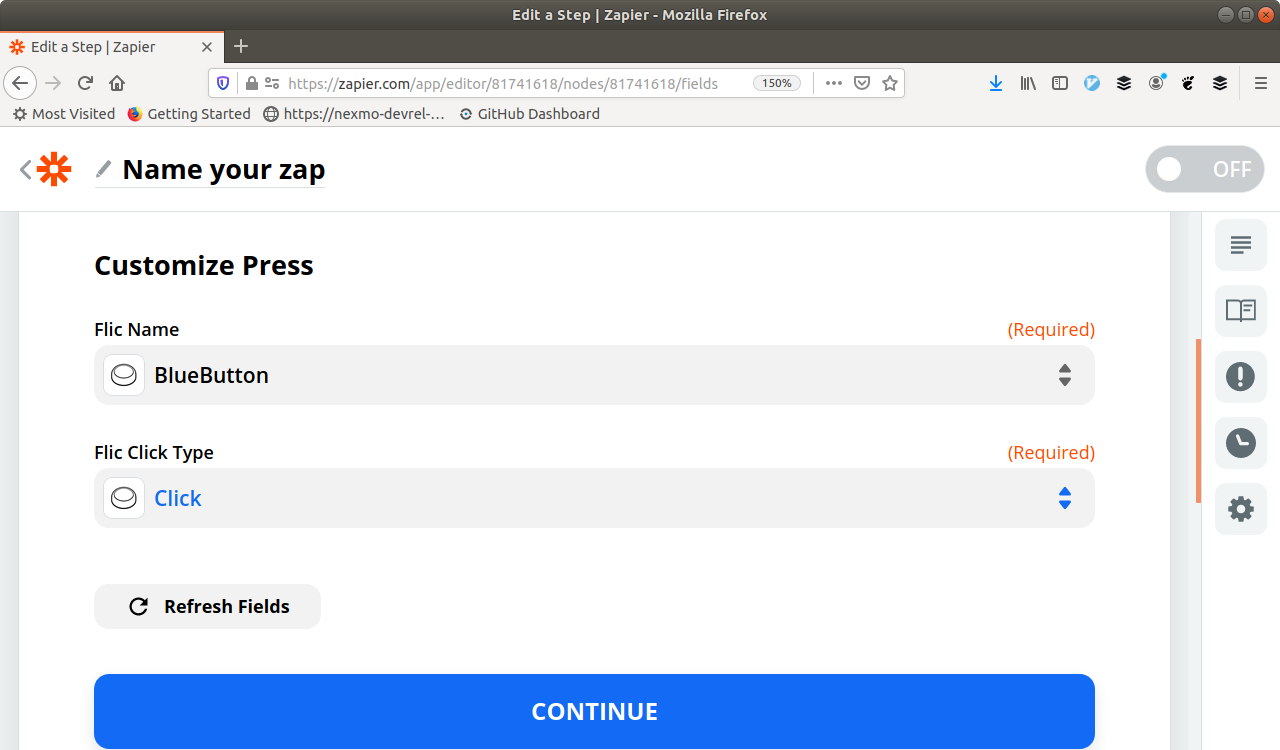 Configuration screen with blue button and click selected