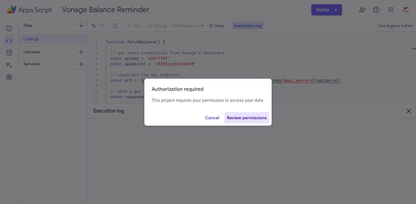 Review Permissions request for Google Apps Script
