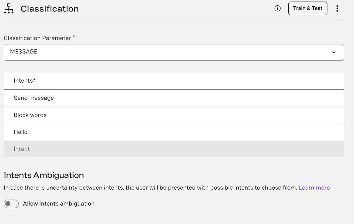 A classification node with Send Message and Block Words intents