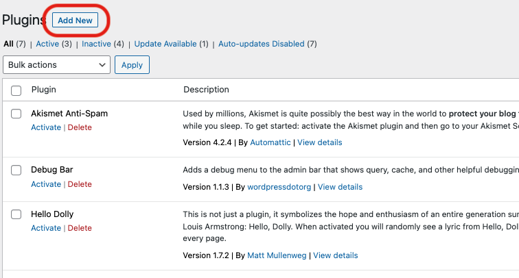 Screenshot of the WordPress Admin Plugin page