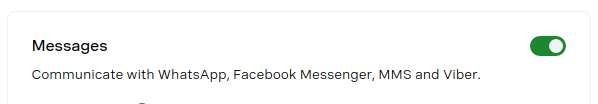Screenshot of the Messages toggle in the Dashboard Application Capabilities, with the toggle set to "on"