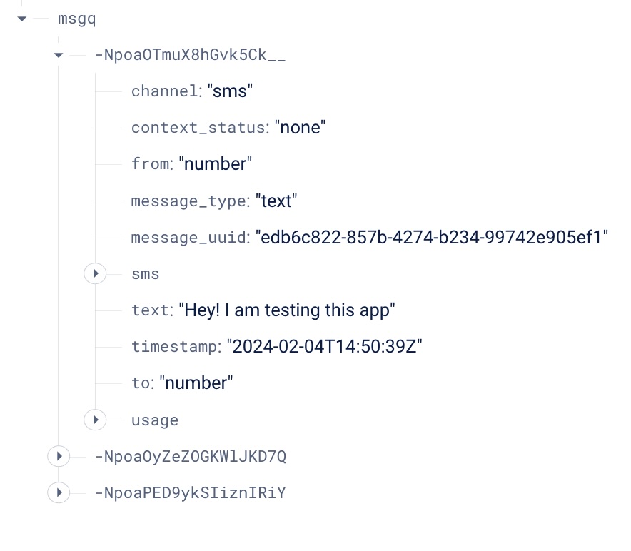 Realtime database containing three nodes under msgq