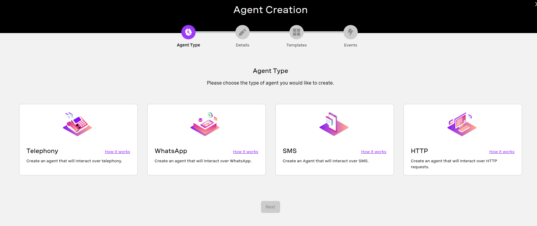 A screenshot of the Agent Creation step in Vonage AI Studio showing the channel selection options: Telephony, WhatsApp, SMS, HTTP 