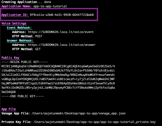 screenshot of the terminal with Application ID underlined