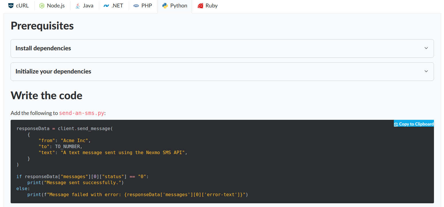 Screenshot of code snippets on the Nexmo Developer Portal