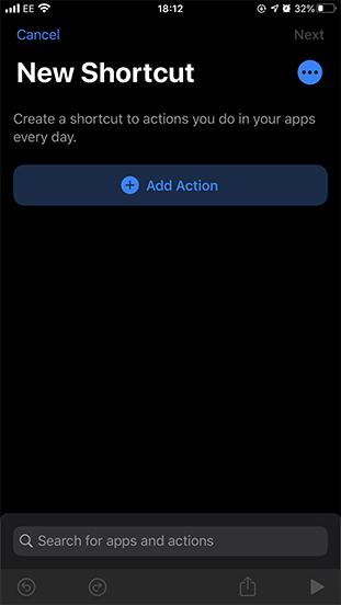 Screenshot of the add new action button