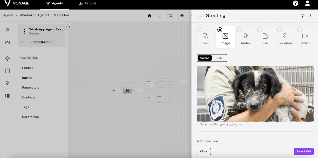 Screenshot showing a WhatsApp Send Message flow in Vonage AI Studio with the Speak node being edited and type Image selected. The node is named 'Greeting' and the image is a of a puppy being held by an animal rescue agent