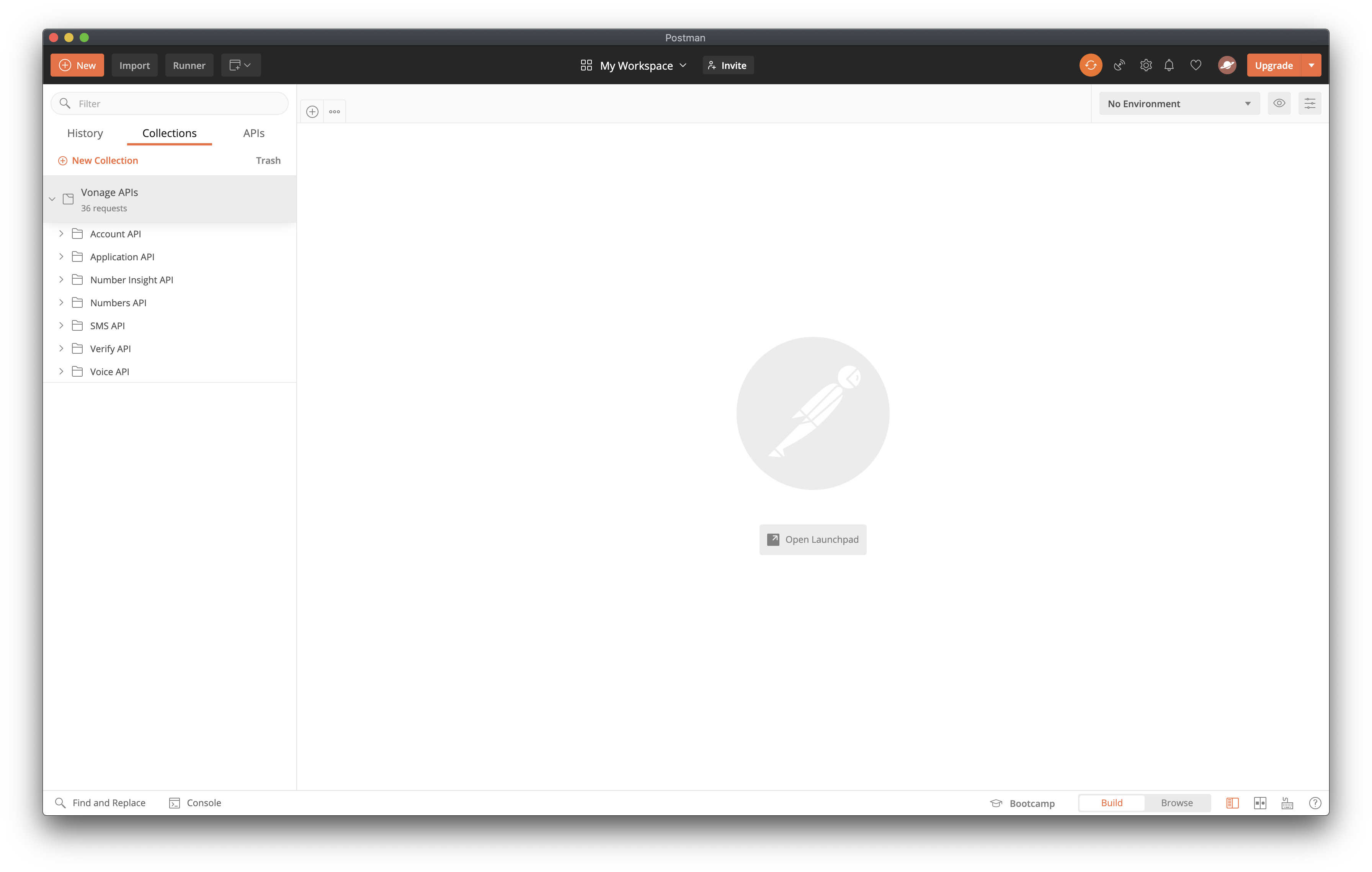 Vonage APIs Postman collection imported view