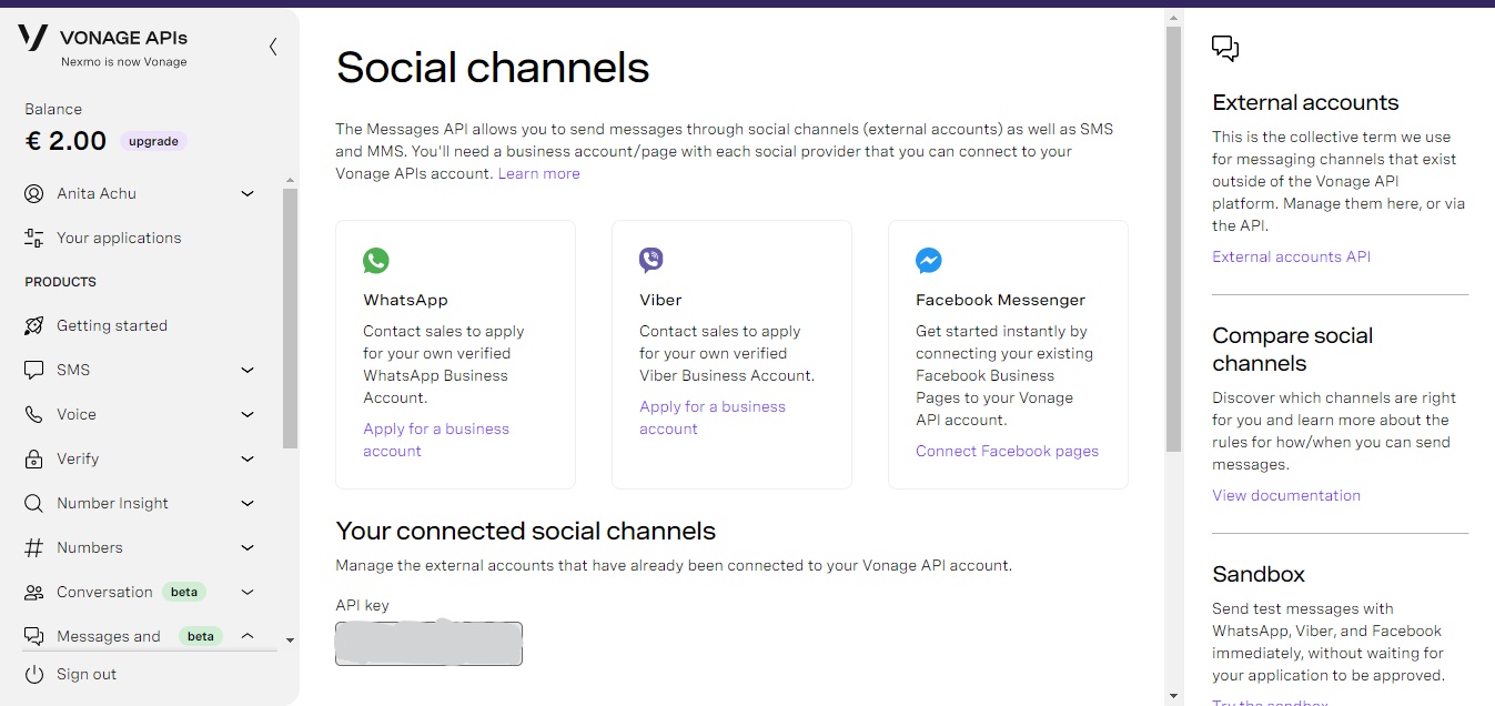 A screenshot of the Vonage dashboard showing various social channels available for the Messages API