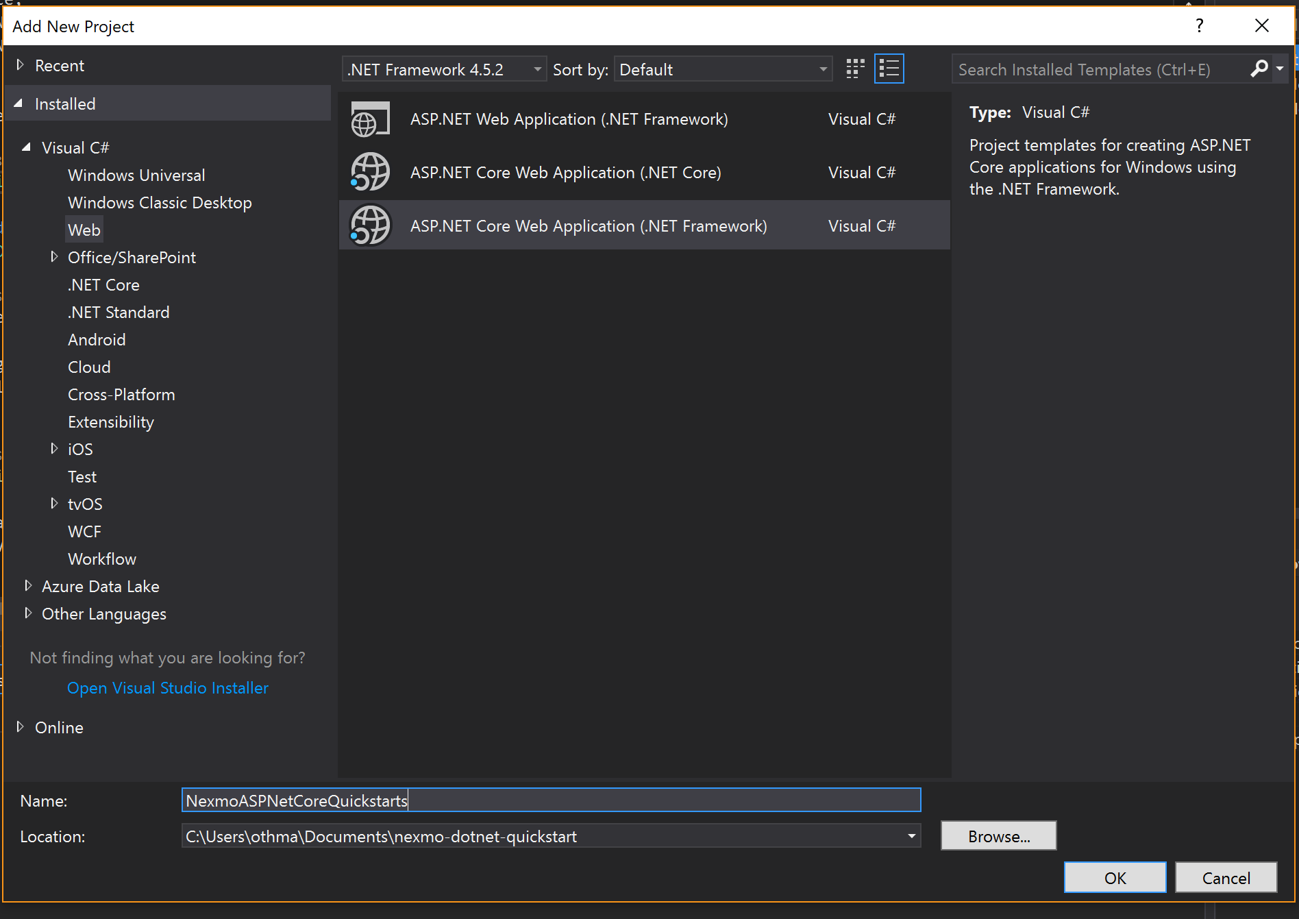 Choosing an ASP core project