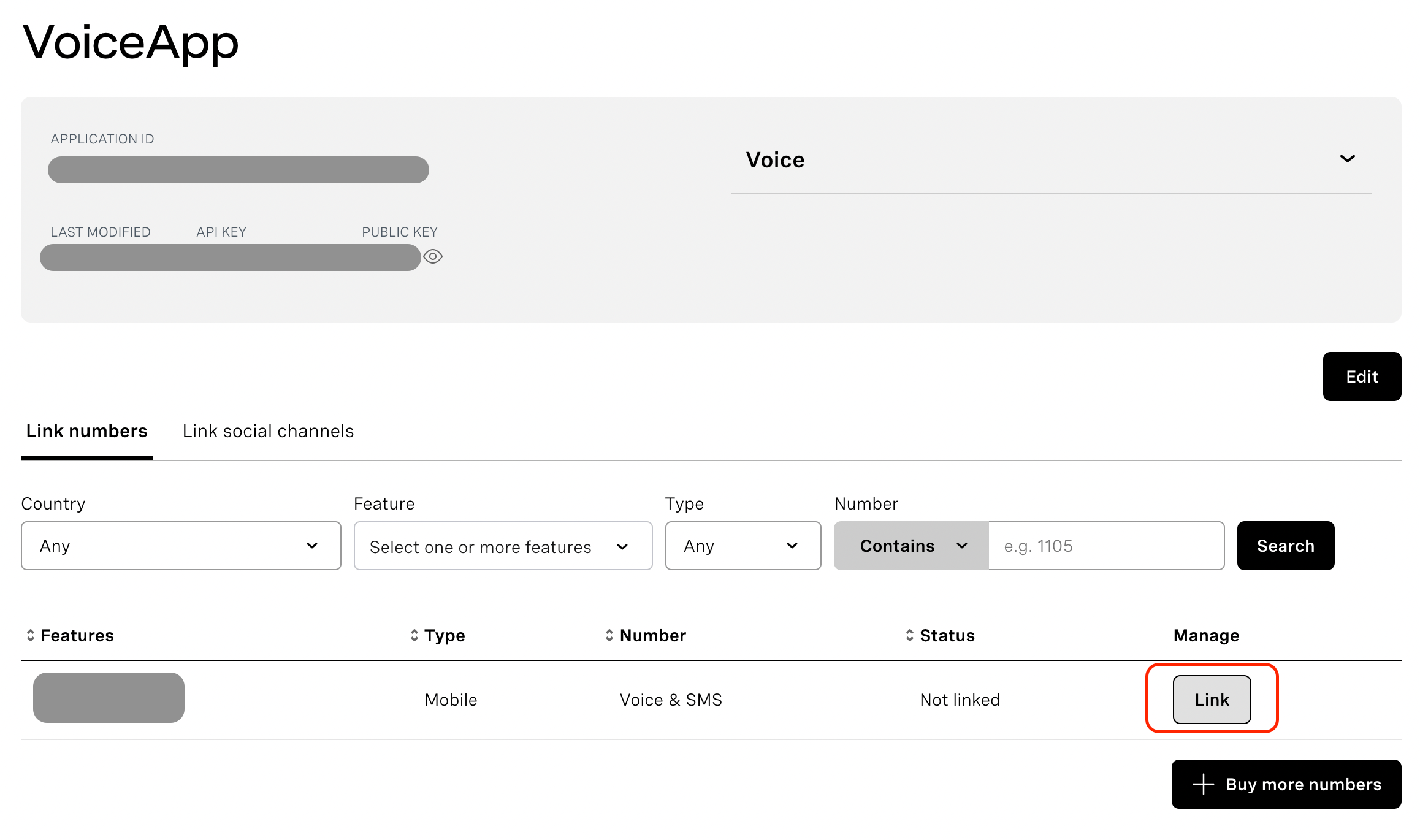 Link number with the application