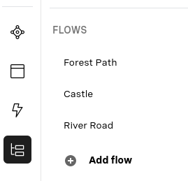 A screenshot of the Flows tab of the AI Studio menu showing the already created sub-flows (Forest Path, Castle, and River Road) as well as an 'Add flow' button