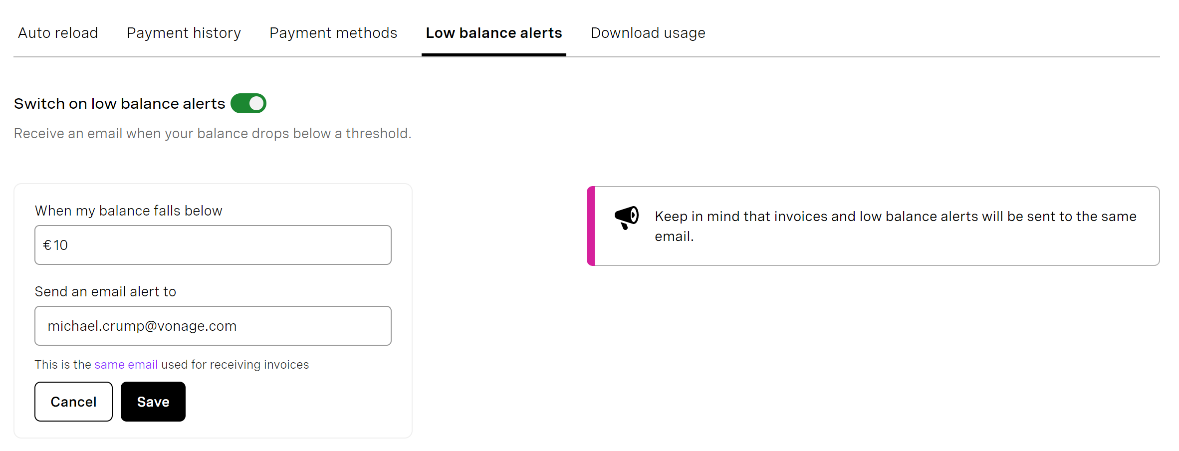 Low Balance Alerts Settings