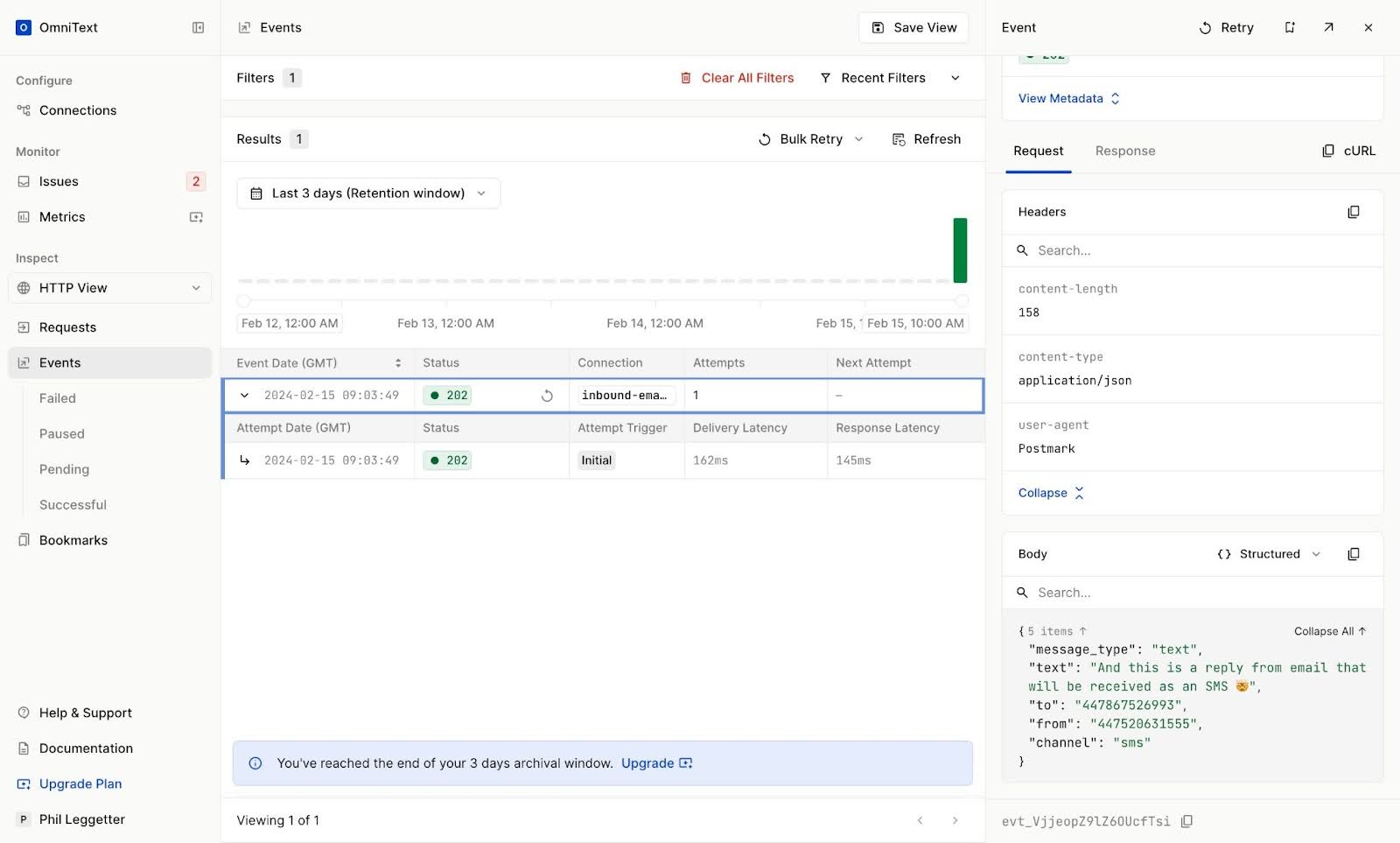 Hookdeck Email to SMS Events Detailed