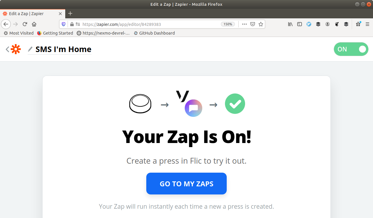 Complete screen, saying "Your Zap is on!" and with icons for the flic button and the Vonage SMS integration