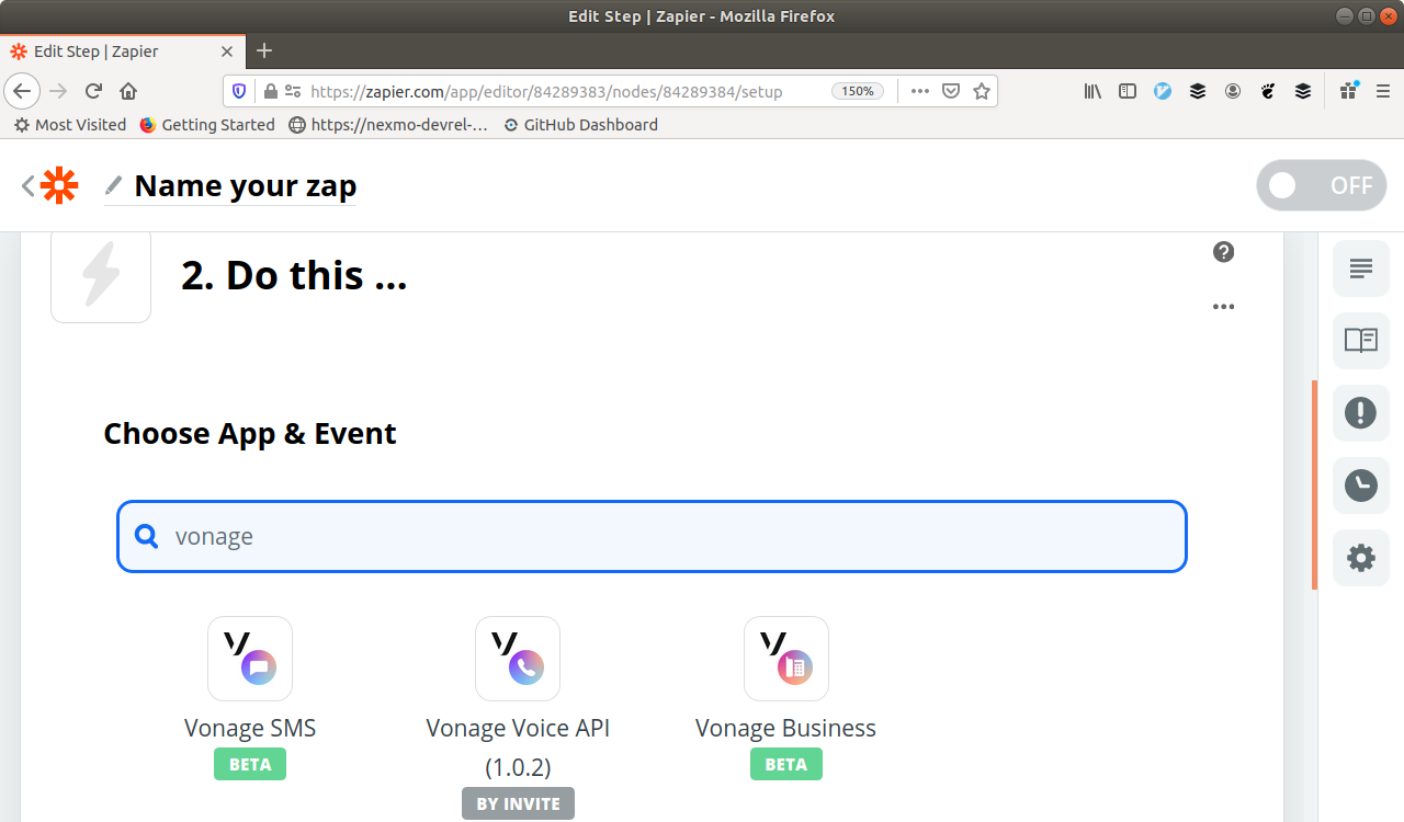 Search for Vonage and choose the Vonage SMS integration