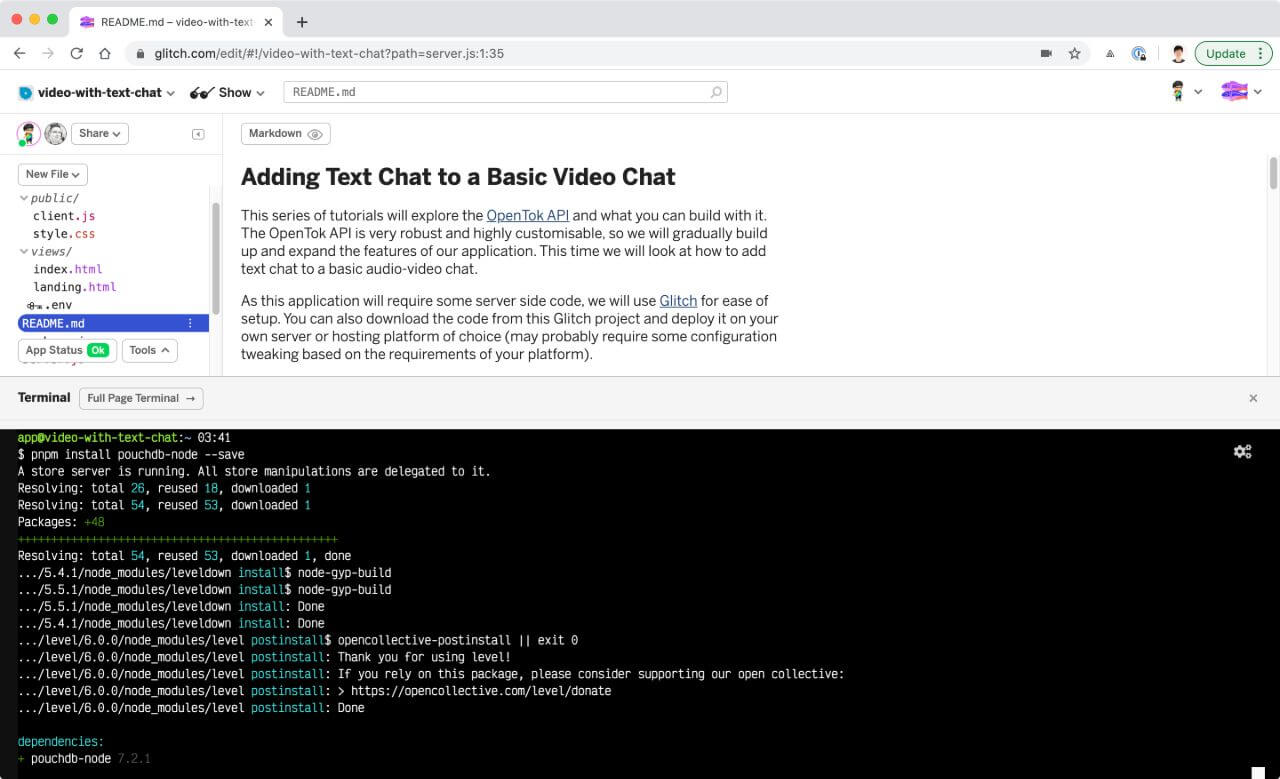 pouchdb-node installation on Glitch