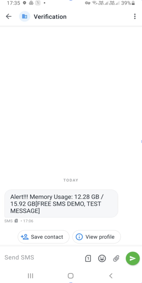 a text message generated by the application when the memory usage exceeds 80%