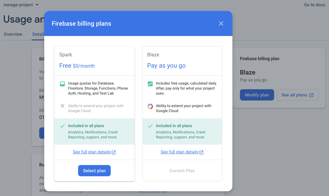 Dialog to select a Firebase Pricing Plan