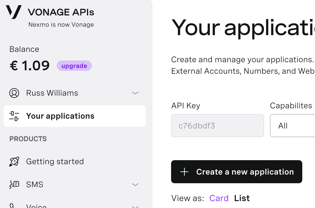 An example of the Vonage Dashboard