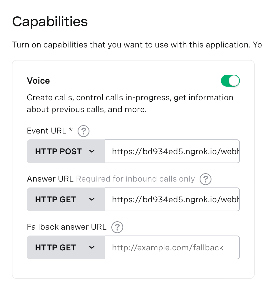 Choosing the capabilities and setting webhoosk for your Vonage Application