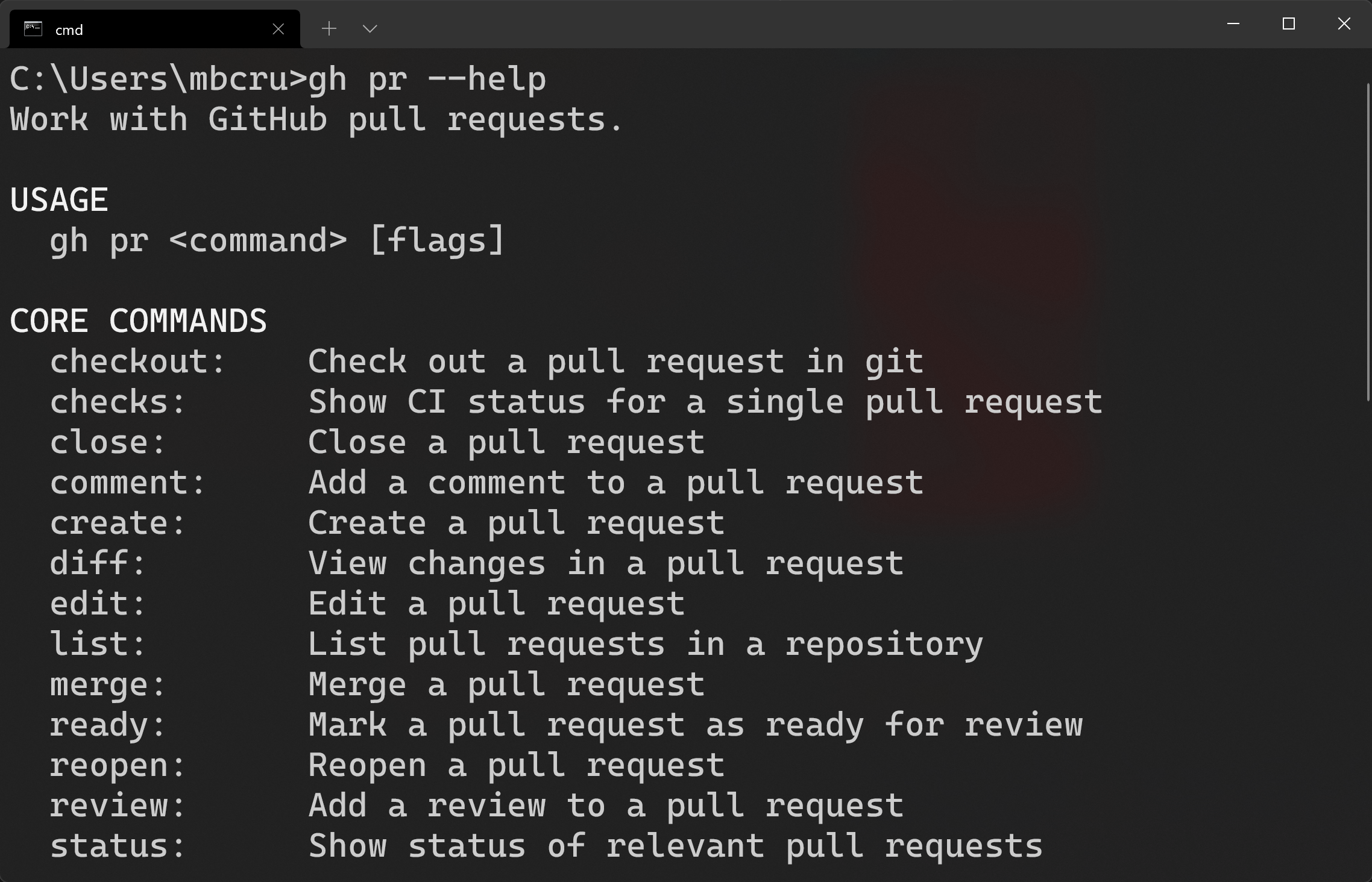 Running gh pr help