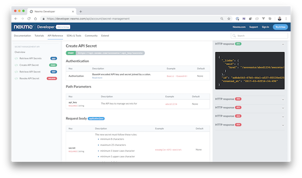 A rendered API in Nexmo Developer