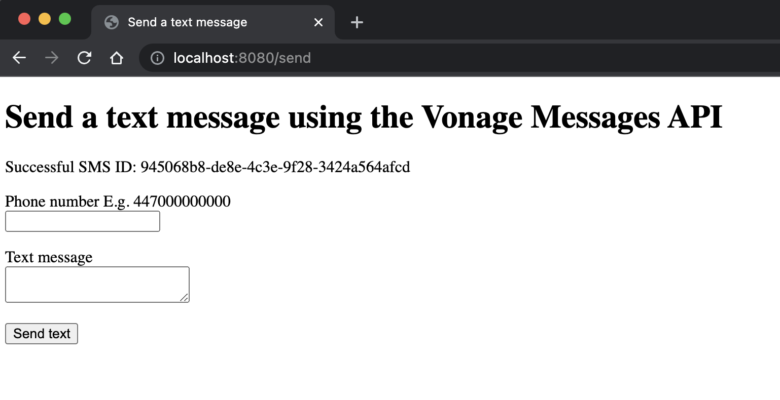 The web page showing a successful message ID