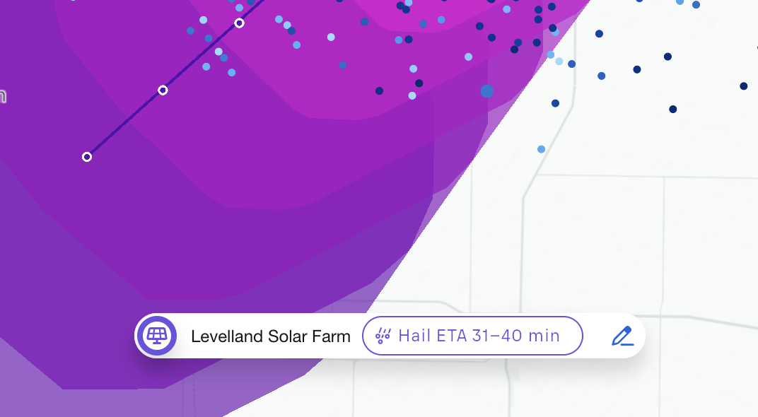 Map showing a hail alert with an ETA of 31–40 minutes