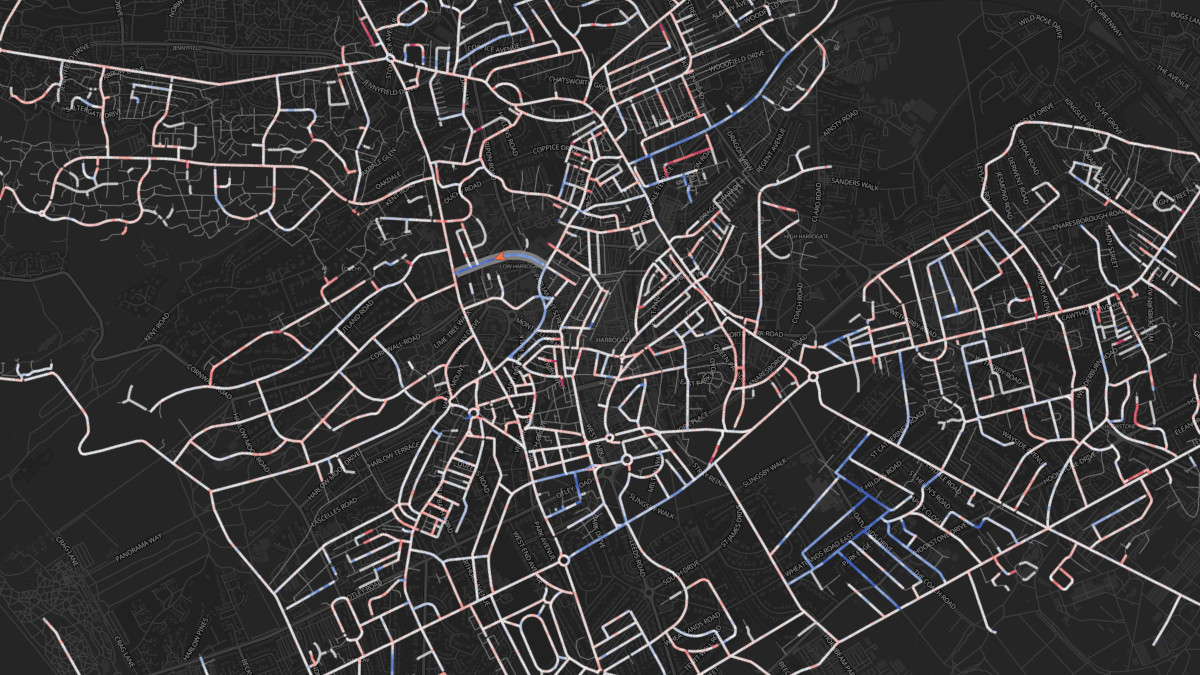 RoadAI screenshot showing road surface roughness trend data on a map