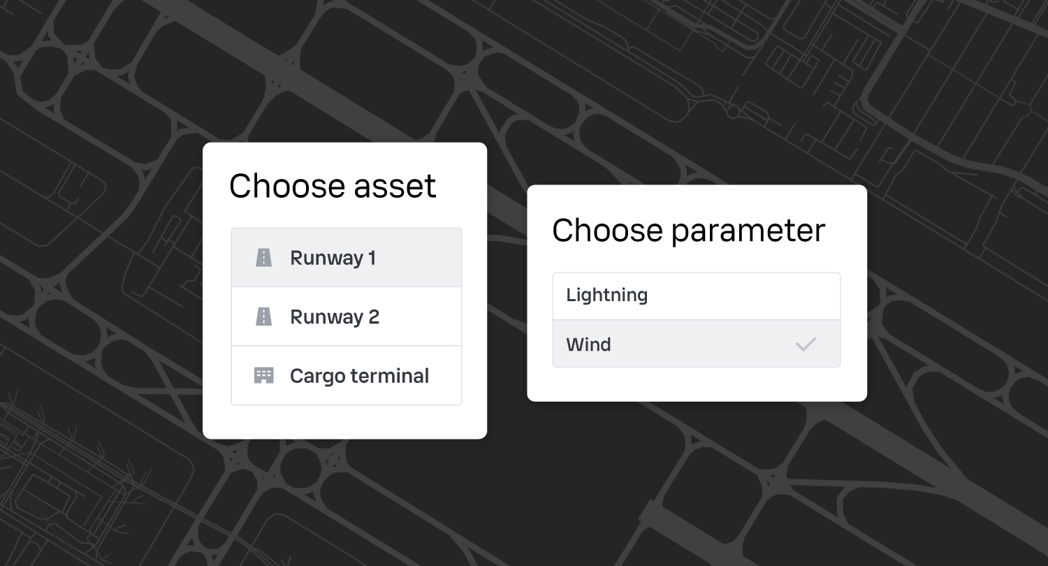 UI panel for choosing an asset to protect with wind forecast alerts