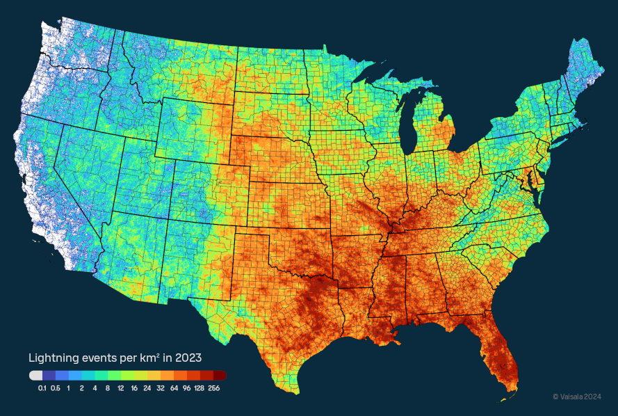 Map showing lightning events per km2 in the United States in 2023