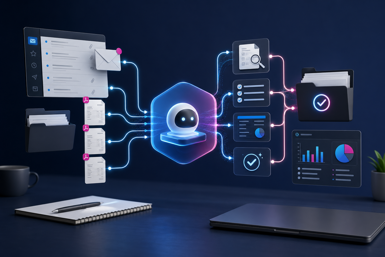 KI-Agent verarbeitet E-Mails, Rechnungen, Dokumente und Auswertungen zu einem fertigen digitalen Workflow