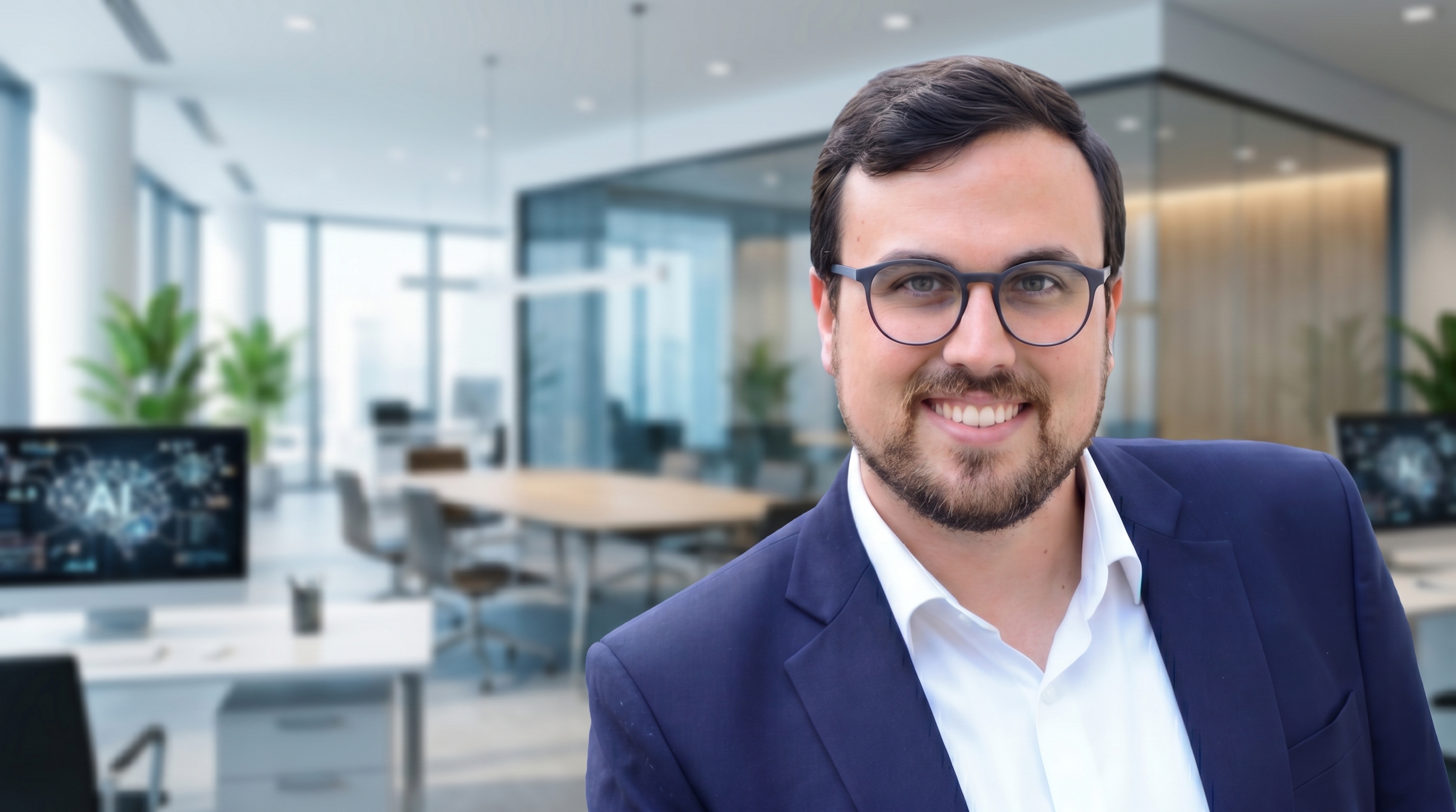 Nikolas Gottschol vor einem unscharfen modernen Bürohintergrund