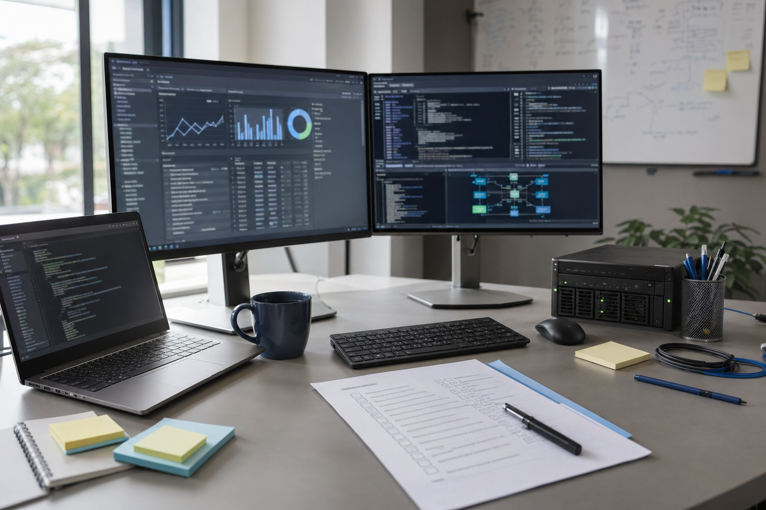 Realistischer IT-Arbeitsplatz mit mehreren Monitoren, Laptop, Checkliste und kleinem Netzwerkgerät
