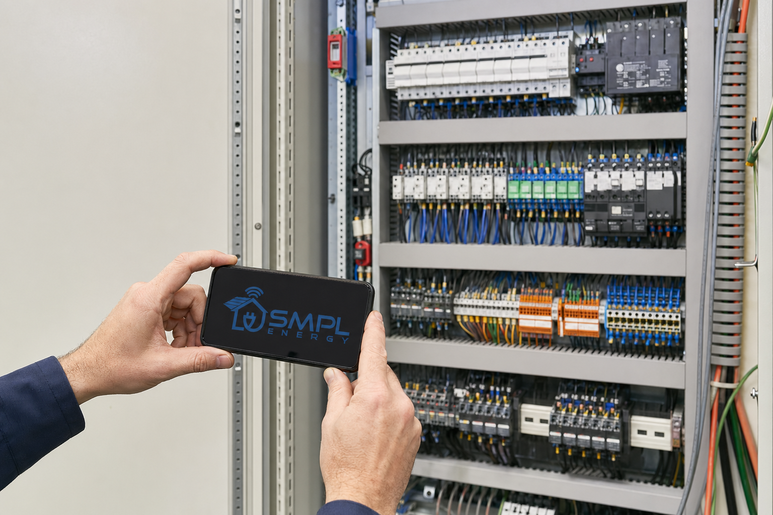 Hände halten ein Smartphone mit SMPL-Energy-Logo vor einem geöffneten deutschen Schaltschrank