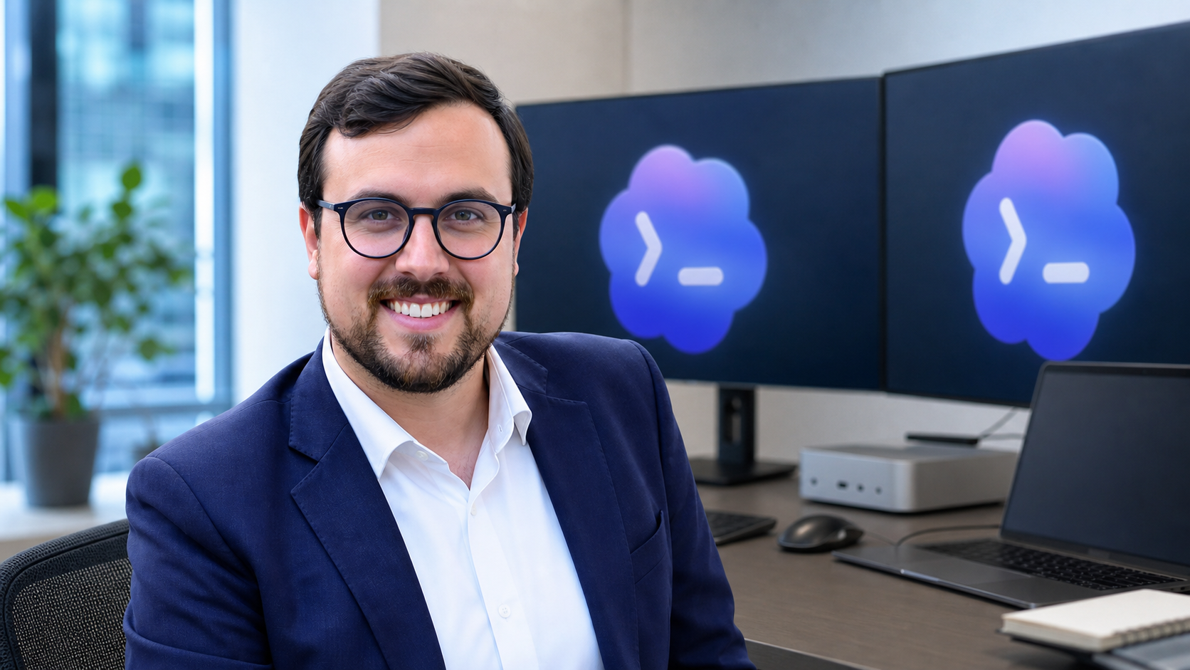 Nikolas Gottschol vor zwei Monitoren, auf denen das Codex-Logo angezeigt wird