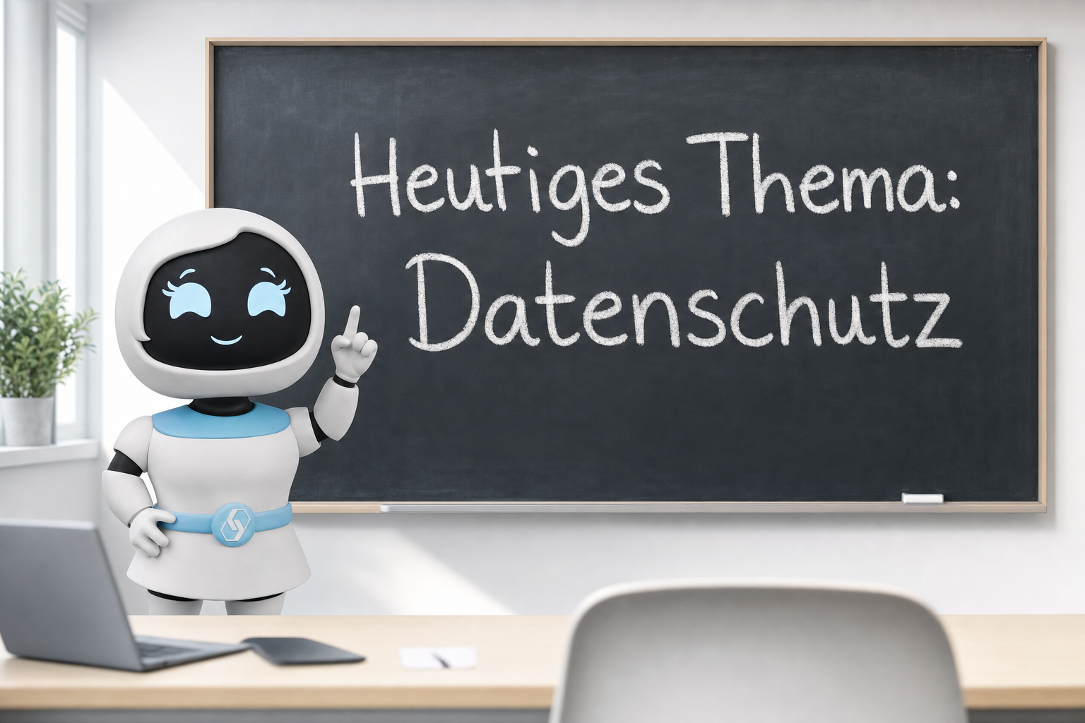 CodeCell-Maskottchen steht in einem Klassenraum vor einer Tafel mit dem Text Heutiges Thema Datenschutz