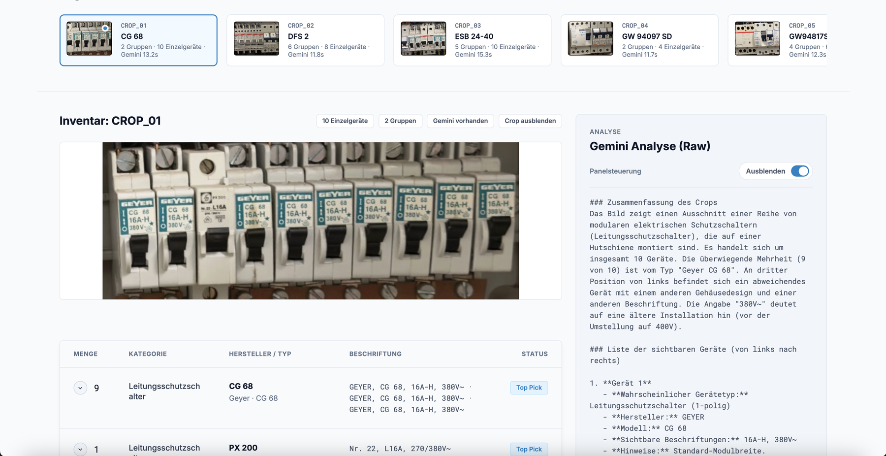 GUI mit Schaltschrank-Ausschnitt, Gemini-Analyse und automatisch erstellter Inventarliste