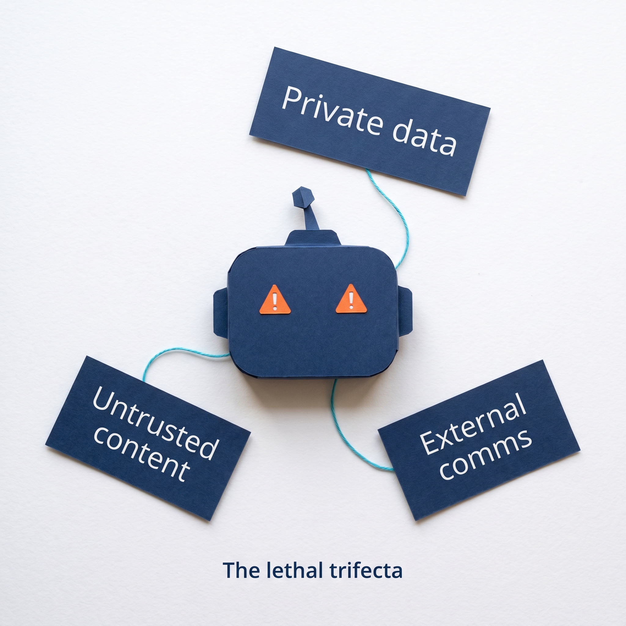 The lethal trifecta — three navy paper cards labeled Private data, Untrusted content, and External comms connected by cyan threads to a small navy paper robot at the center.