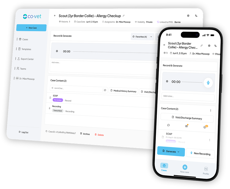 CoVet app interface showing clinical documentation