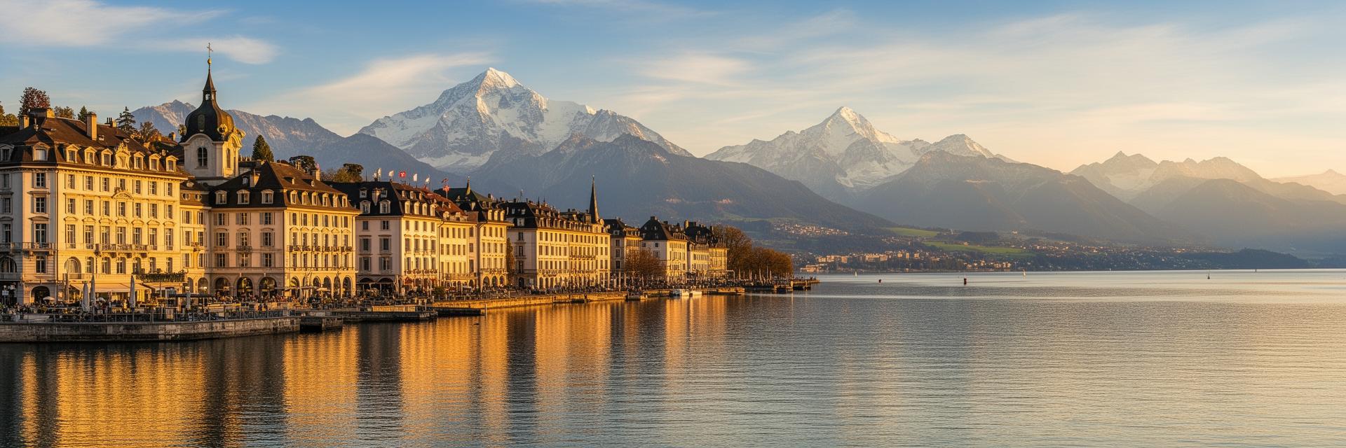 Geneva lakefront with Swiss Alps