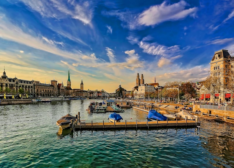 Zurich cityscape with Grossmünster and Limmat river
